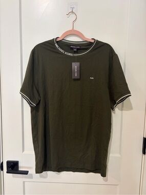 Michael Kors Olive Green Short Sleeve Logo Tee with Contrast Trim
